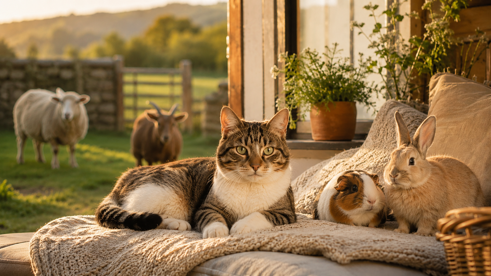Cat relaxing beside a rabbit and guinea pig, with sheep and a goat in the background